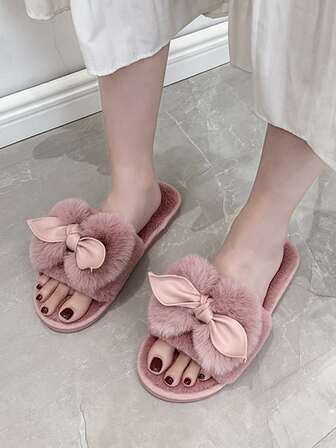 秋冬蝴蝶结装饰毛绒卧室拖鞋，女士平底毛绒拖鞋，时尚家居拖鞋，蝴蝶结室内拖鞋，温暖舒适的兔毛拖鞋
