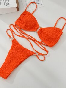 SHEIN Swim Bộ Bikini Shirred Đi Biển Mùa Hè, Áo Bra Không Dây Có Dây Nối Vòng & Bikini 2 Mảnh Thông, Đồ Tắm - trái cam - Xem 1