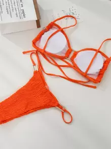 SHEIN Swim Bộ Bikini Shirred Đi Biển Mùa Hè, Áo Bra Không Dây Có Dây Nối Vòng & Bikini 2 Mảnh Thông, Đồ Tắm - trái cam - Xem 2
