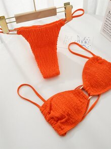 SHEIN Swim Bộ Bikini Shirred Đi Biển Mùa Hè, Áo Bra Không Dây Có Dây Nối Vòng & Bikini 2 Mảnh Thông, Đồ Tắm - trái cam - Xem 3