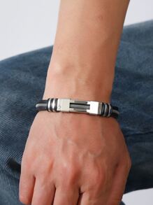 1pc Multi-Color Electroplated Snake Pattern Chain Bracelet, Fashion Titanium Steel Silicone Casual Couple Wrist Band, Suitable For Daily Wear - Silver - View 3