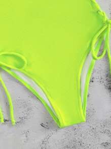 SHEIN Swim Summer Beach Plain Drawstring One Piece Swimsuit - Lime Green - View 4
