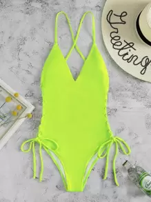 SHEIN Swim Summer Beach Plain Drawstring One Piece Swimsuit - Lime Green - View 6
