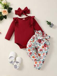 嬰兒荷葉邊連身背心和印花紙袋型腰腰帶長褲附髮帶