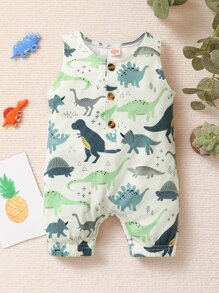 Baby Boy Allover Dinosaur Print Half Button Tank Romper - Mint Green - View 3