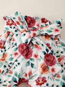 嬰兒荷葉邊連身背心和印花紙袋型腰腰帶長褲附髮帶