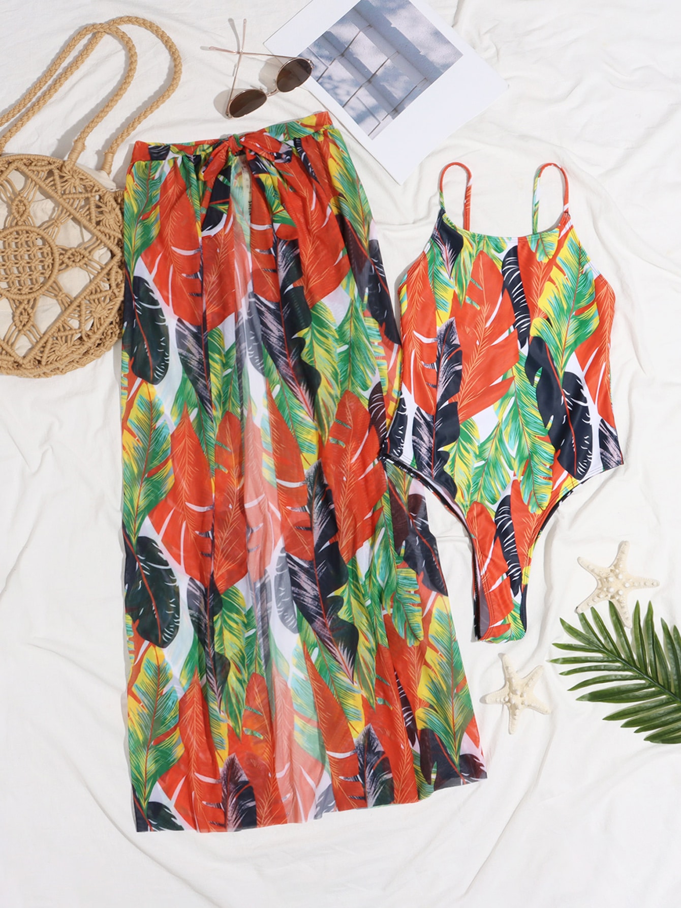 SHEIN Swim Vcay 2pack Tropical Print One Piece Swimsuit & Cover Up SHEIN USA