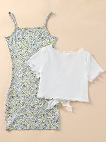 SHEIN Vintaside Kids 女孩木耳邊前繫帶上衣和碎花吊帶洋裝