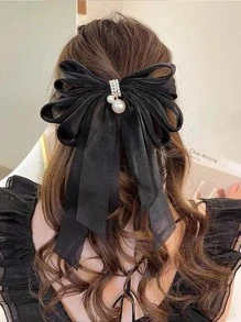 Kẹp tóc trang trí nơ & ngọc trai giả thanh lịch - màu đen - Xem 1