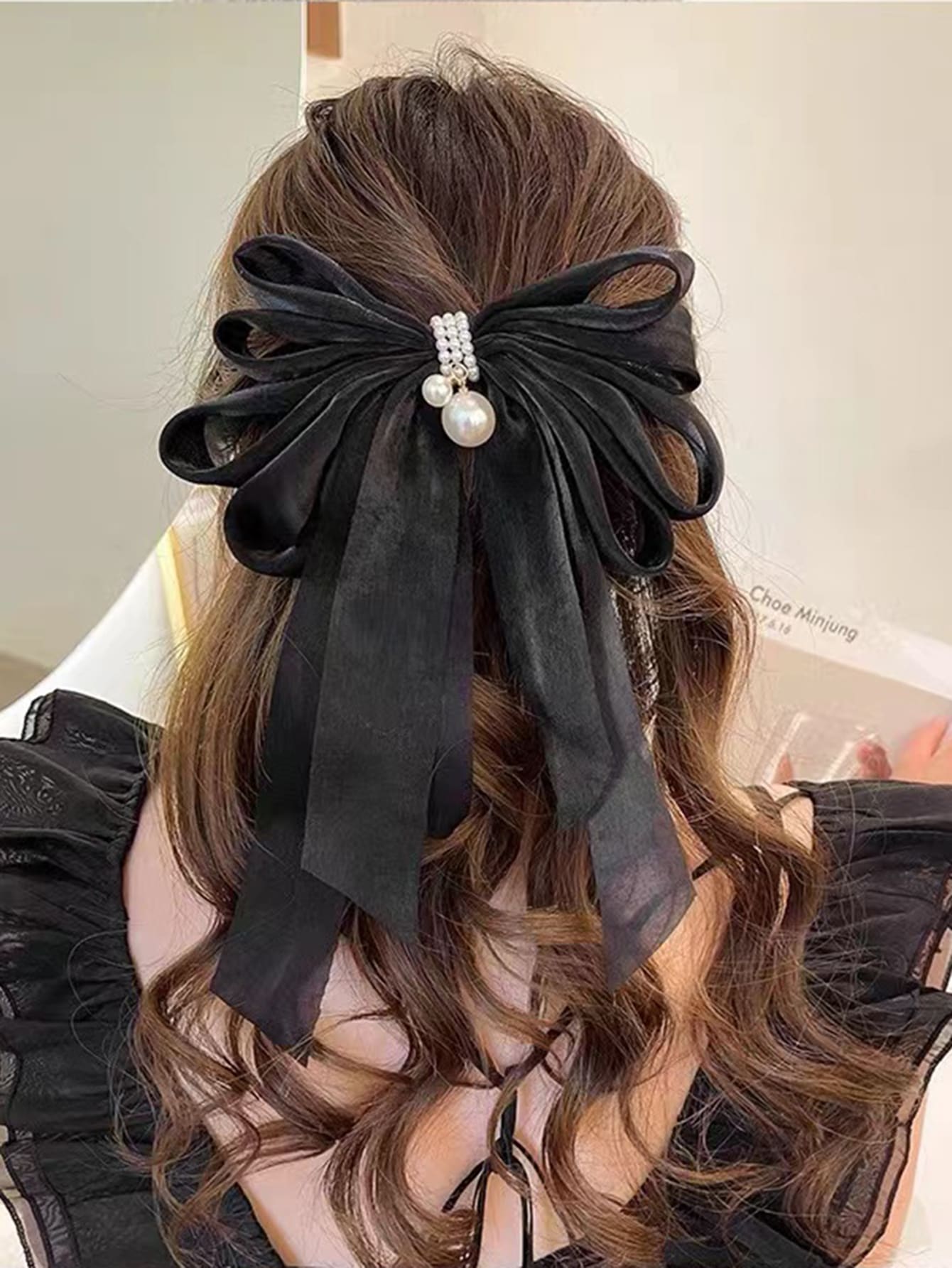 Kẹp tóc trang trí nơ & ngọc trai giả thanh lịch - màu đen - Xem 1