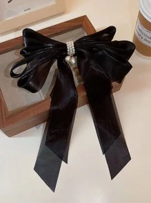 Kẹp tóc trang trí nơ & ngọc trai giả thanh lịch - màu đen - Xem 2