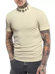 Manfinity Homme 男士字母圖案小高領T恤 - 卡其色 - 查看 3