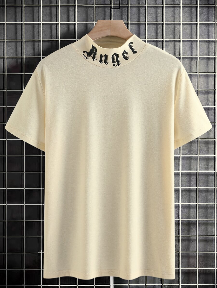 Manfinity Homme 男士字母圖案小高領T恤 - 卡其色 - 查看 1