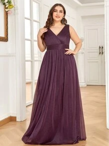 Váy phù dâu Plus Dây kéo Nếp gấp Phần Ngực màu trơn Hấp dẫn - Màu tím - Xem 4