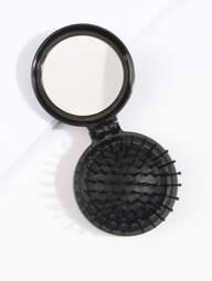 1 pezzo Spazzola per capelli multifunzionale in plastica nera, specchio pieghevole rotondo classico, pettine 2 in 1 per uso bagnato e asciutto, adatto a tutti i tipi di capelli, spazzola per capelli/pettine, accessori per parrucchieri, prodotti per la cura dei capelli, articoli da viaggio essenziali per la bellezza