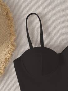 素色提臀比基尼泳裝上衣 - 黑色 - 查看 3