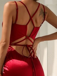 Missord Váy dạ hội đuôi cá bằng vải satin buộc dây phía sau Váy dự tiệc Váy cưới Váy trang trọng Váy dạ hội, Váy dạ hội - Màu Đỏ Sâu - Xem 4