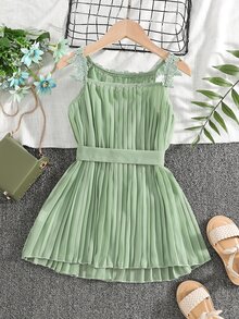 小女童蕾絲貼花繫腰帶洋裝