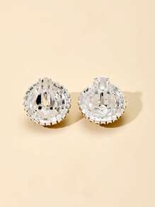 1 Pair Fashionable Rhinestone Round Clip Earrings For Women, Casual Daily Wear - Silver - View 2
