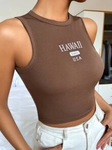 SHEIN Unity Top de punto acanalado con diseño de letra - Blusas gráficas para mujeres - Café integral - Ver 5