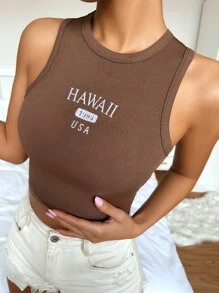 SHEIN Unity Top de punto acanalado con diseño de letra - Blusas gráficas para mujeres - Café integral - Ver 4