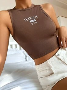 SHEIN Unity Top de punto acanalado con diseño de letra - Blusas gráficas para mujeres - Café integral - Ver 1