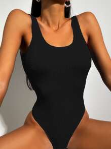 SHEIN Swim Summer Beach Textured Backless One Piece Swimsuit - Black - View 4