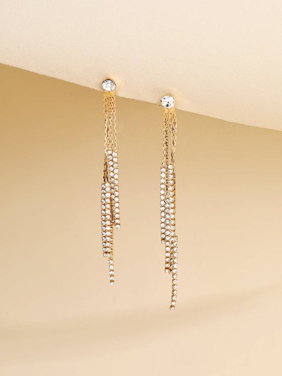 Rhinestone Tassel Drop Earrings - Yellow Gold - View 1
