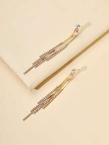 Rhinestone Tassel Drop Earrings - Yellow Gold - View 3