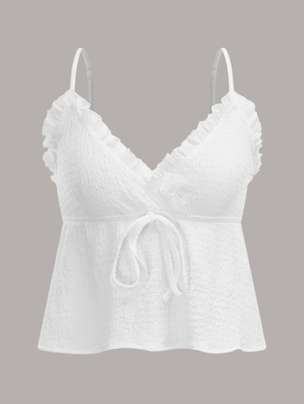 Top Canotta In Tessuto Plissettato Con Nodo Anteriore, Balza Con Spandex Sui Bordi, Con Peplum Stringi La Vita