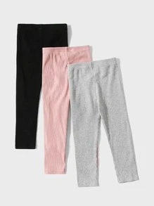 SHEIN Young Girl 3pcs Cotton Solid Rib Knit Leggings
