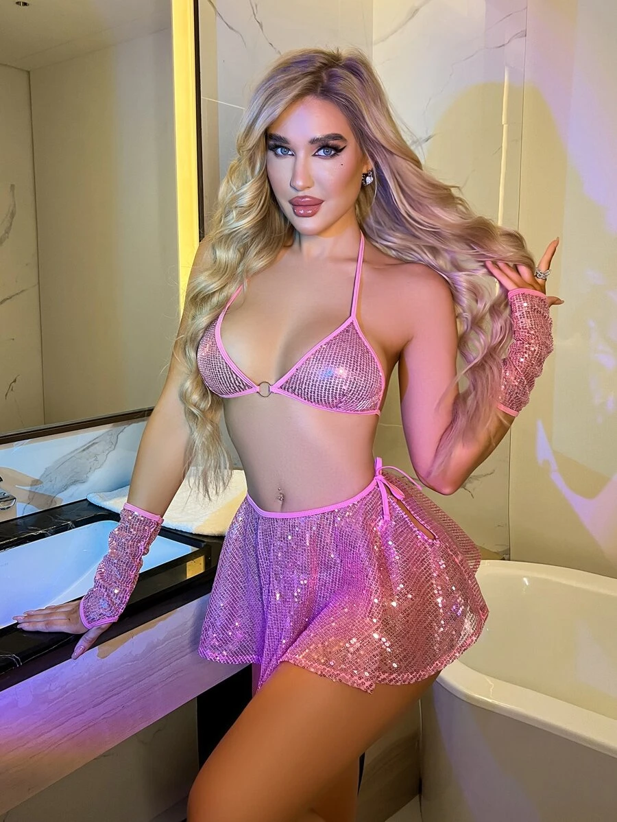 Set de lenjerie cu inele cu paiete în contrast, cu 1 pereche de mâneci și fustă - Roz - Vizualizare 1