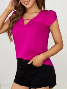 SHEIN Clasi Petal Sleeve Cut Out V Neck Blouse - Hot Pink - View 4