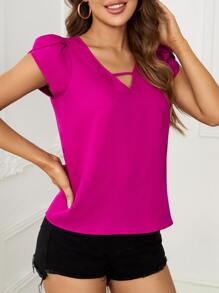 SHEIN Clasi Petal Sleeve Cut Out V Neck Blouse - Hot Pink - View 3