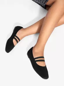 Double Strap Decor Point Toe Ballet Flats - Black - View 2