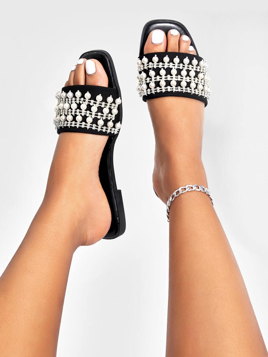 CUCCOO TILAWA Rhinestone & Faux Pearls Decor Slide Sandals - Black - View 1