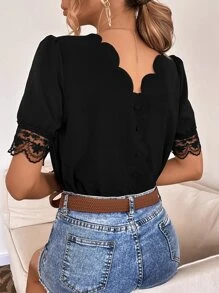 Blusa ribete en abanico con encaje en contraste - Negro - Ver 1