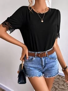 Blusa ribete en abanico con encaje en contraste - Negro - Ver 4