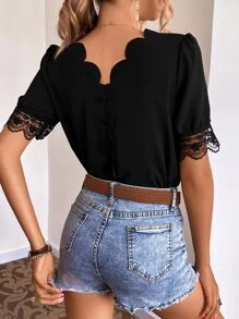 Blusa ribete en abanico con encaje en contraste - Negro - Ver 5