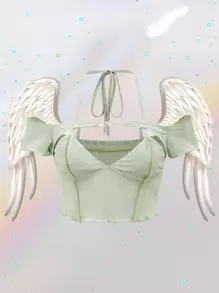 SHEIN ICON Rhinestone Detail Cold Shoulder Tie Back Crop Tee - Mint Green - View 1