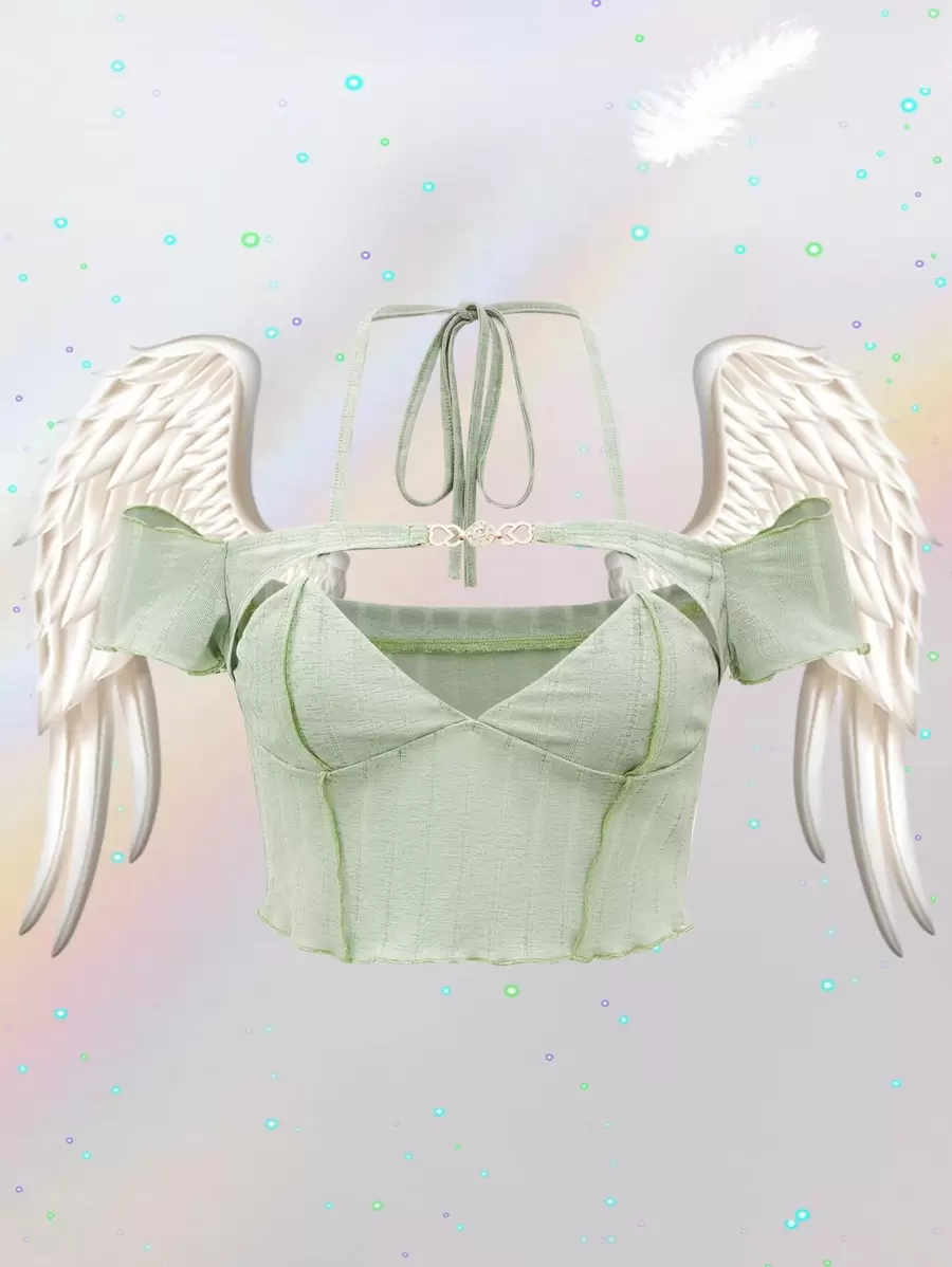 SHEIN ICON Rhinestone Detail Cold Shoulder Tie Back Crop Tee - Mint Green - View 1