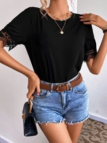 Blusa ribete en abanico con encaje en contraste - Negro - Ver 8