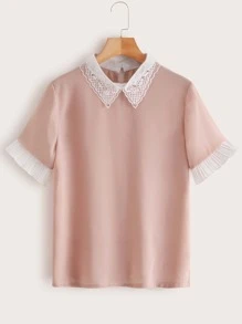 Modelyn Contrast Lace Collar Pleated Cuff Blouse
