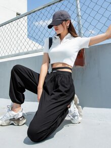 DAZY Quần thể thao nữ Cắt ra Dây kéo Đắp vá Lá thư - màu đen - Xem 1