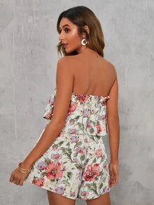 SHEIN VCAY Floral Print Frill Trim Knot Front Tube Romper - White - View 2