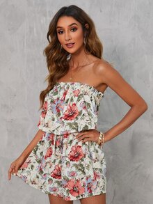 SHEIN VCAY Floral Print Frill Trim Knot Front Tube Romper - White - View 4