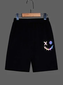 SHEIN 2 chiếc quần short thể thao co giãn in phản quang cho bé trai tuổi teen - Đen và trắng - Xem 5