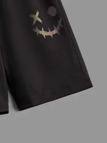 SHEIN 2 chiếc quần short thể thao co giãn in phản quang cho bé trai tuổi teen - Đen và trắng - Xem 6