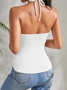 SHEIN Privé 素色露背流蘇掛脖上衣 - 白色 - 查看 2