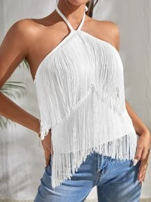 SHEIN Privé 素色露背流蘇掛脖上衣 - 白色 - 查看 5